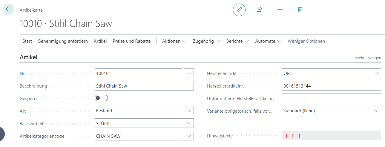 Hinweistext auf Artikelkarte