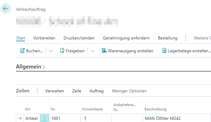 Hinweistext in Verkaufsauftrag