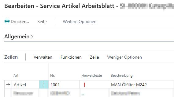 Hinweistext für Artikel in Serviceartikel-Arbeitsblatt