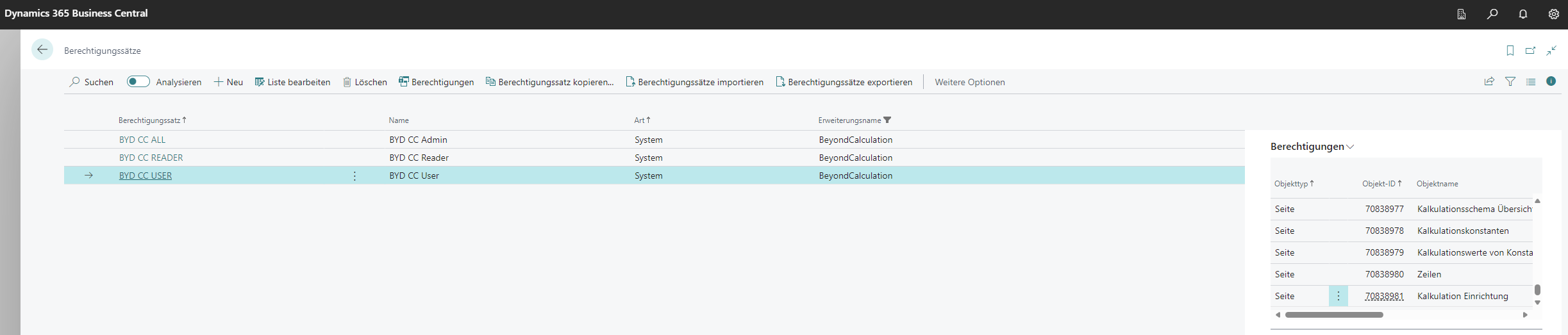 Berechtigungssätze für BEYOND Calculation