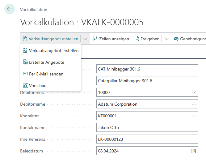 Verkaufsangebot aus Vorkalkulation erstellen