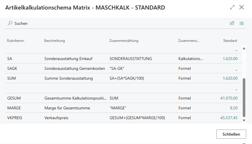 Vorkalkulationsmatrix