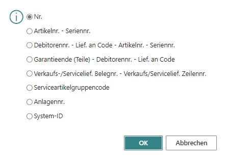 Verfügbare Schlüssel für Serviceartikel