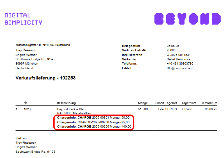 Chargennummern und die entsprechende Anzahl
