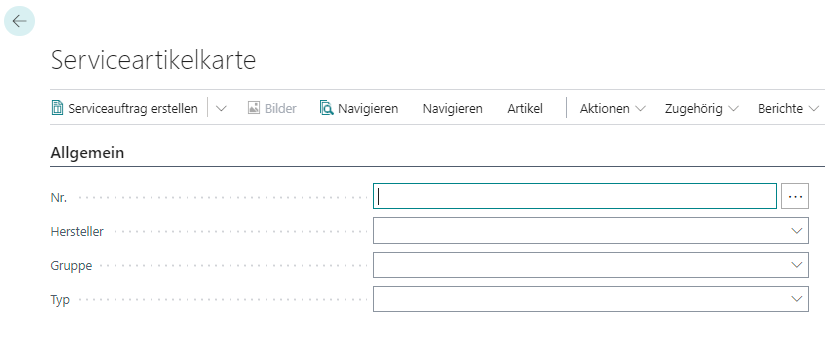 Serviceartikelkarte mit Hersteller, Gruppe und Typ