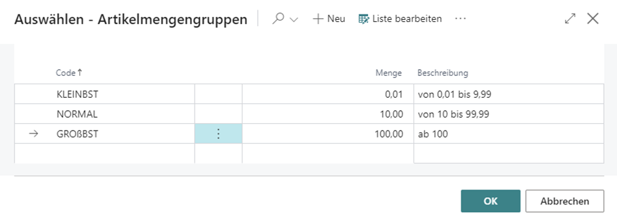 Artikelmengengruppen erstellen