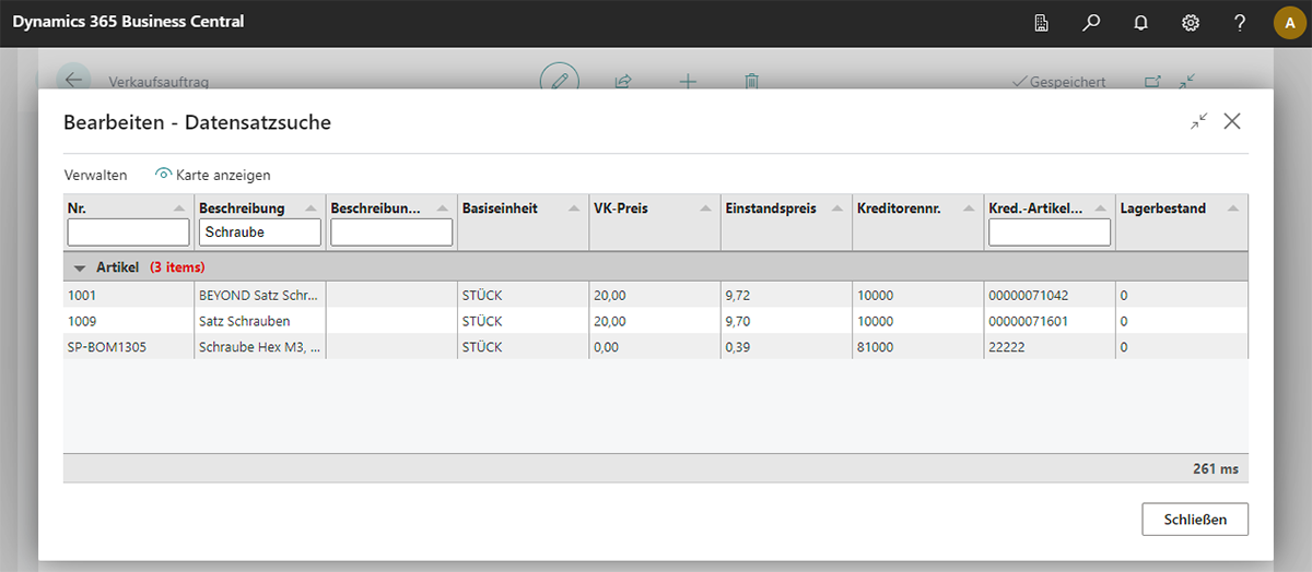 Fenster „Datensatzsuche“