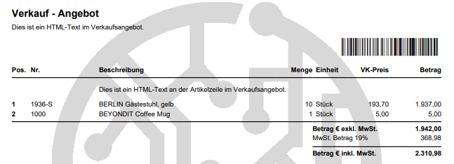 Bericht mit Positionsnummern