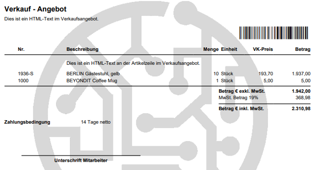 Bericht ohne Positionsnummern