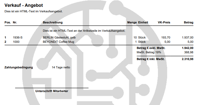 Mitarbeiterunterschriftenbereich in Verkaufsangebot