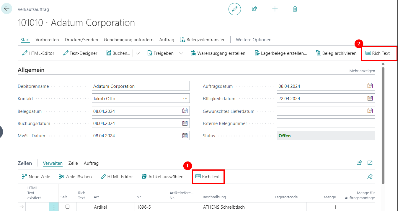 Rich Text zu Beleg hinzufügen