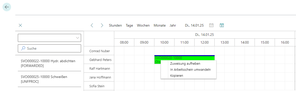 Kontextmenü für verplanten Serviceauftrag