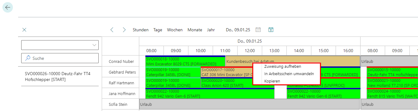 Kontextmenü für Planungstafelelement