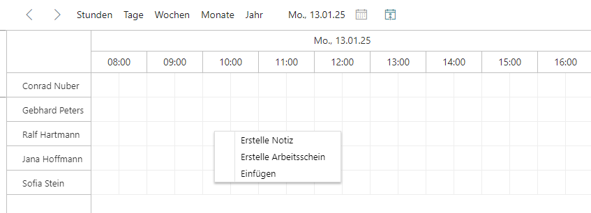 Kontextmenü in der Planungstafel