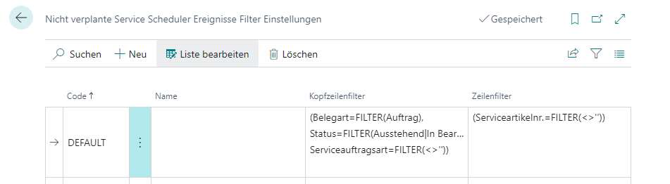 Nicht verplante Service Scheduler Ereignisse Filter Einstellungen