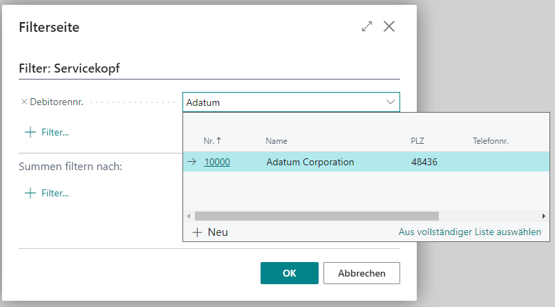 Filter für Debitorenaufträge erstellen