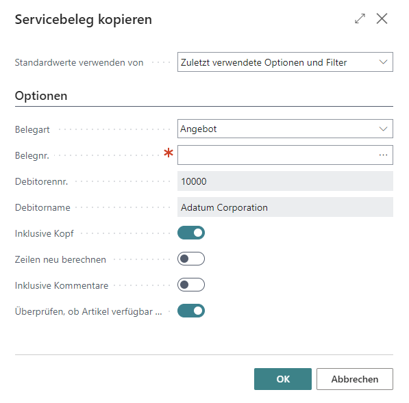 Dialogfenster Servicebeleg kopieren