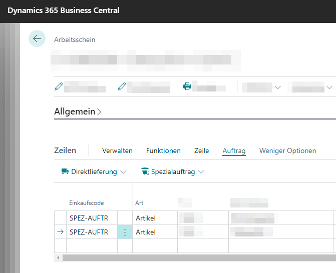 Einkaufscodes für Artikelzeilen im Serviceartikel-Arbeitsblatt (Arbeitsschein) hinterlegen