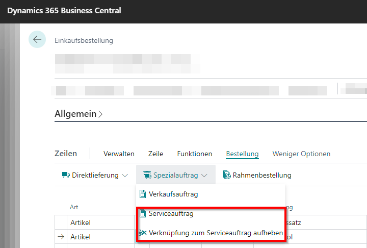 Verknüpfung zum Serviceauftrag