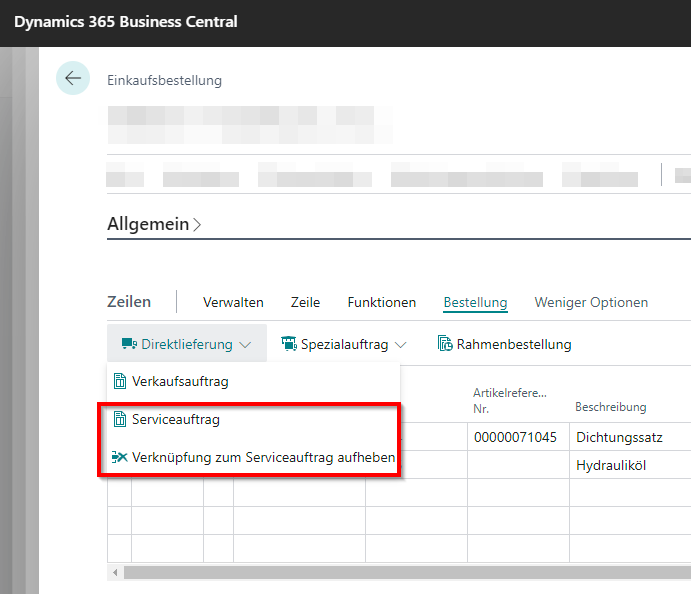 Verknüpfung zum Serviceauftrag
