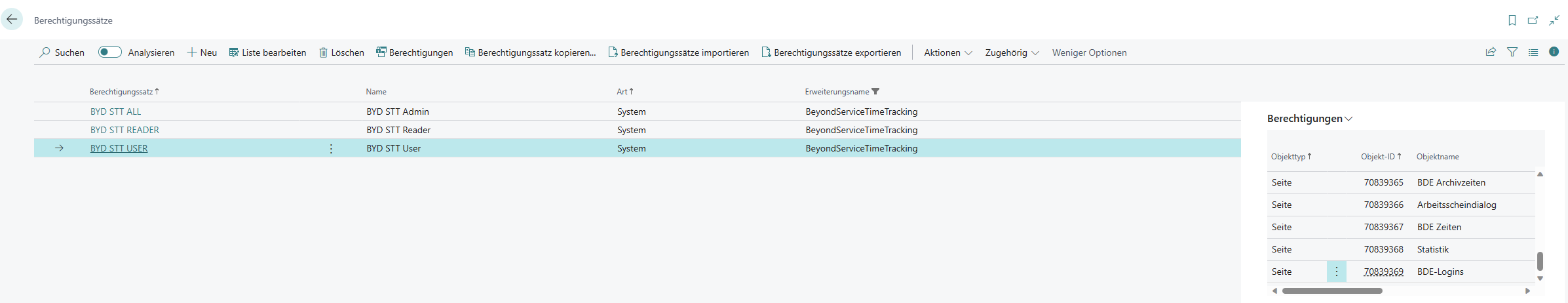 Berechtigungssätze für BEYOND ServiceTimeTracking