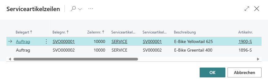 Verfügbare Serviceartikelzeilen