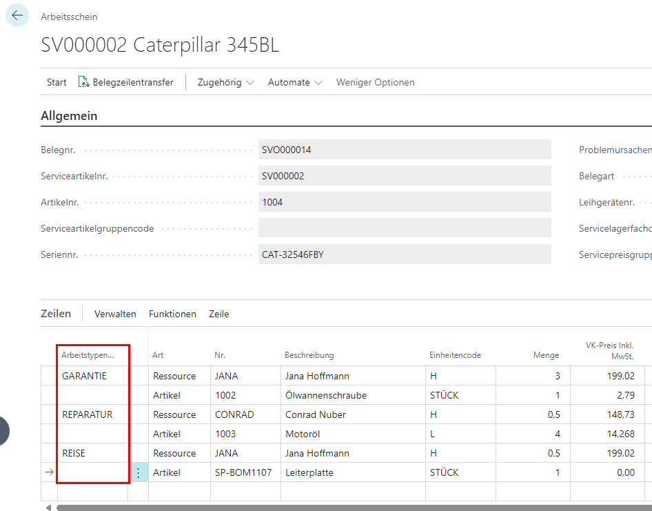 Arbeitsscheinzeilen mit Arbeitstyp