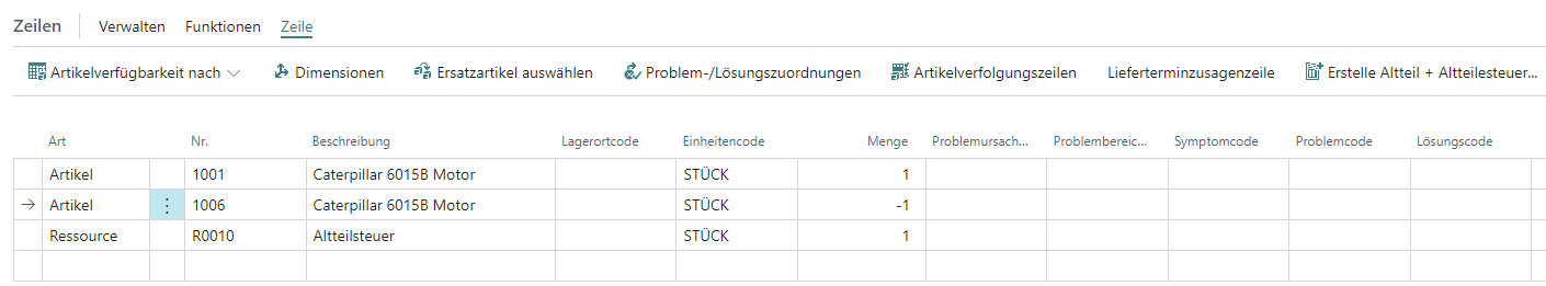 Altteilsteuerzeilen erstellt