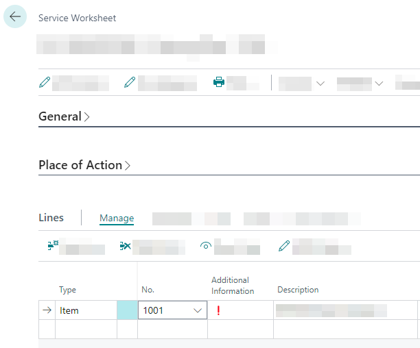 Additional Information for an item in a Service Item Worksheet