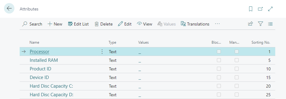 Overview over the configured attributes