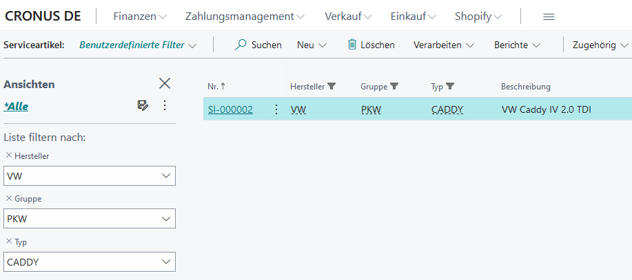 Service Items filtered for Manufacturer, Group, and Type