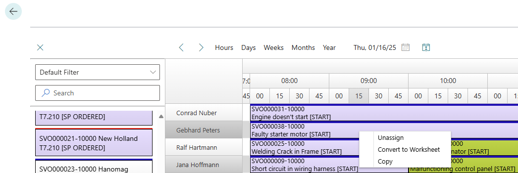 Context menu for planning board element