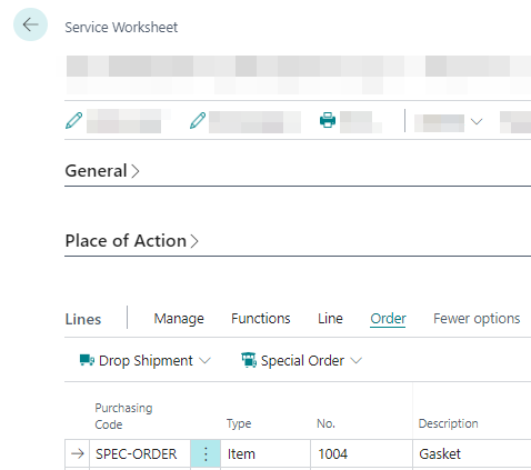 Specify a Purchase Code for Item Line in Service Item Worksheet (Service Worksheet)