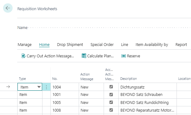 Transferred Item Lines in the Requisition Worksheets