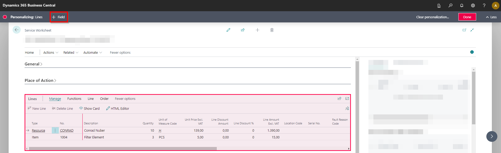 Personalize Service Item Worksheet (Service Worksheet)