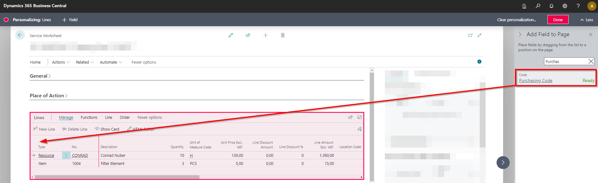 Show Purchasing Code column in Service Item Worksheet (Service Worksheet)