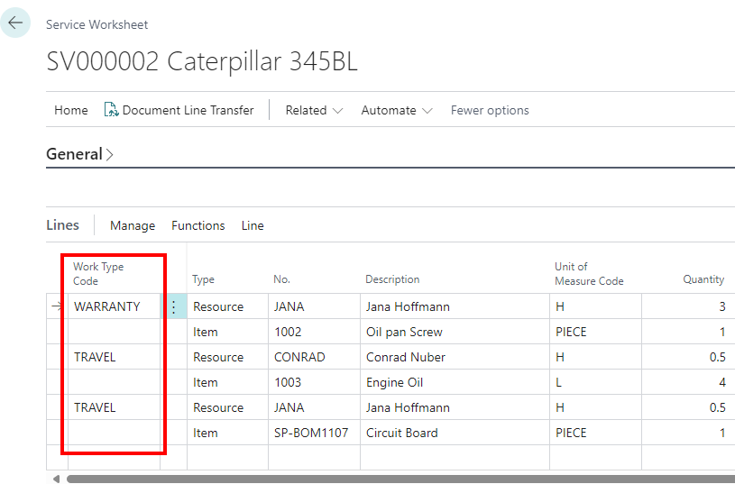 Service Worksheet Lines with Work Type