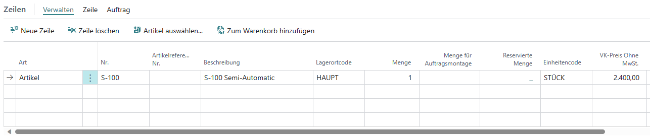 Artikelzeile zum Warenkorb hinzufügen