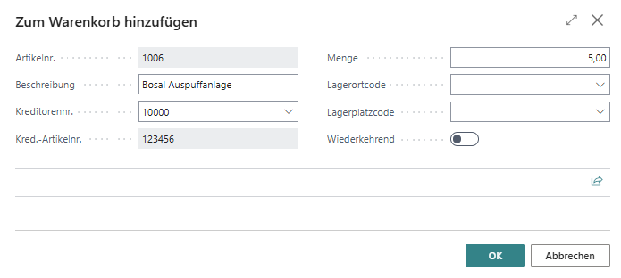 Artikelmengen und -informationen eingeben