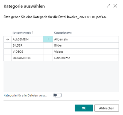 Kategorie für die hochgeladene Datei angeben