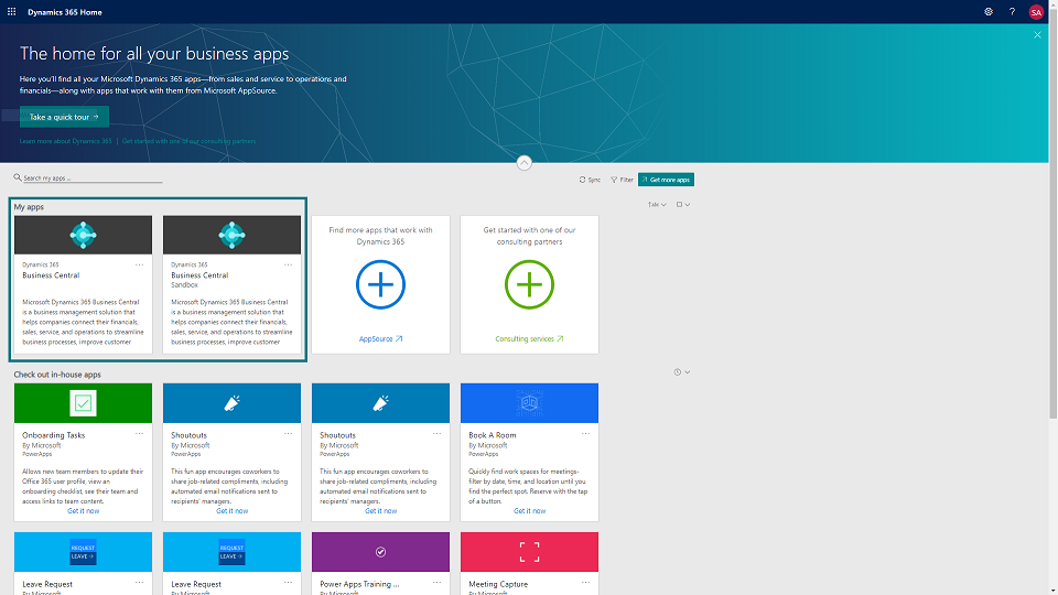 The Dynamics 365 Home page showing production and sandbox environments.